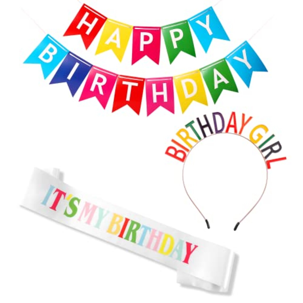 VUDECO 3PCs Rainbow Birthday Crown Birthday Girl Sash Tiara Kit